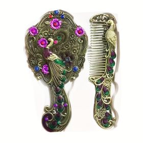 Vintage Handheld Mirror & Antique Comb Set - Perfect Princess Gift for Women & Girls - Portable Makeup Mirror with Decorative Beads (Random Color) (Model: Golden Cyen  Bead Random)